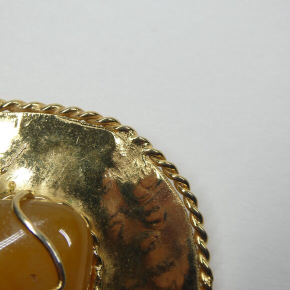 Gold Statement Brooch Pendant Agate Amber Stone Center Signed Barmell Large Pin - Picture 3 of 14